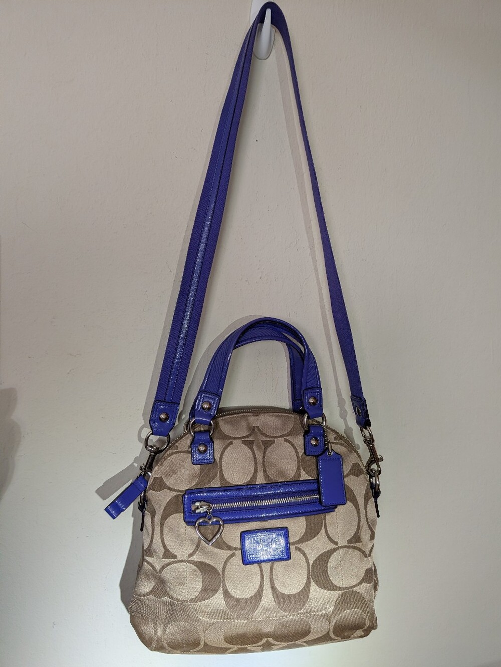 Coach Poppy Beige Signature Satchel Purple Trim Removable Crossbody Strap COA